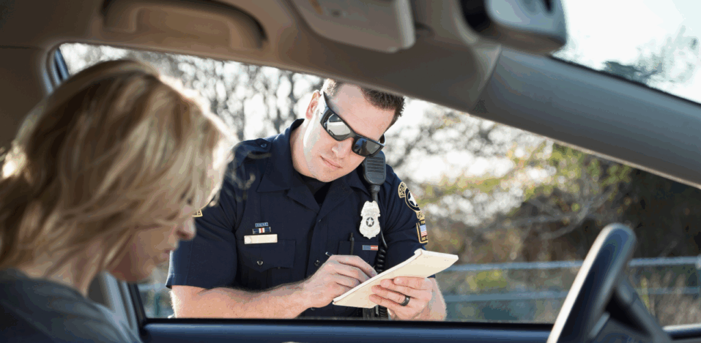 Police officer in sunglasses writes a traffic citation while speaking to a woman seated in her car, possibly for a U-turn violation