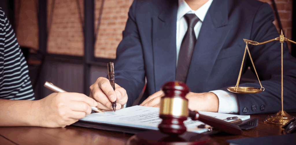 Lawyer helps client sign legal documents, symbolizing legal advice and justice representation