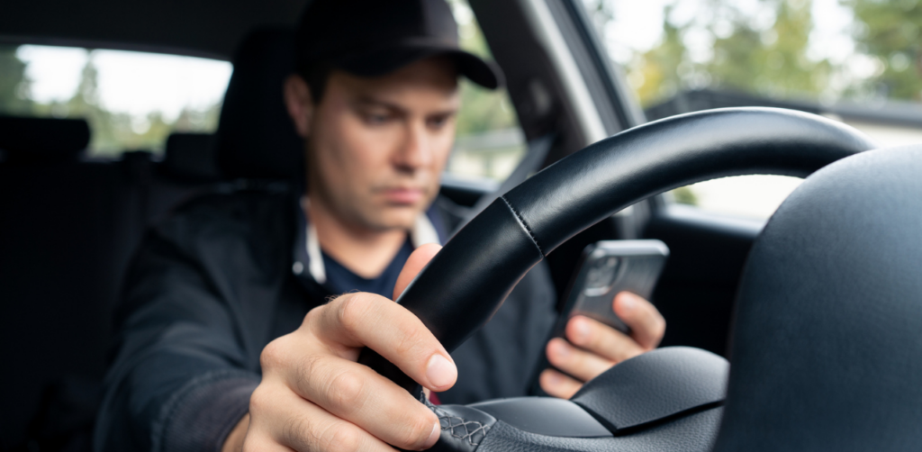 A man in a car focusing on his phone while holding the steering wheel, illustrating distracted driving