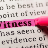The word "Witness" is highlighted in pink in a dictionary or text, emphasizing its definition