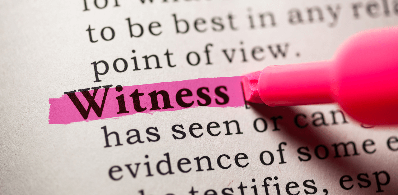 The word "Witness" is highlighted in pink in a dictionary or text, emphasizing its definition