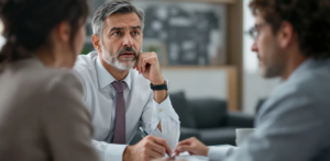 Business meeting with a gray-haired man attentively listening to two people seated across from him in a modern office