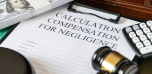 A form titled Calculation Compensation for Negligence on a desk, surrounded by a gavel, calculator, and a stack of cash