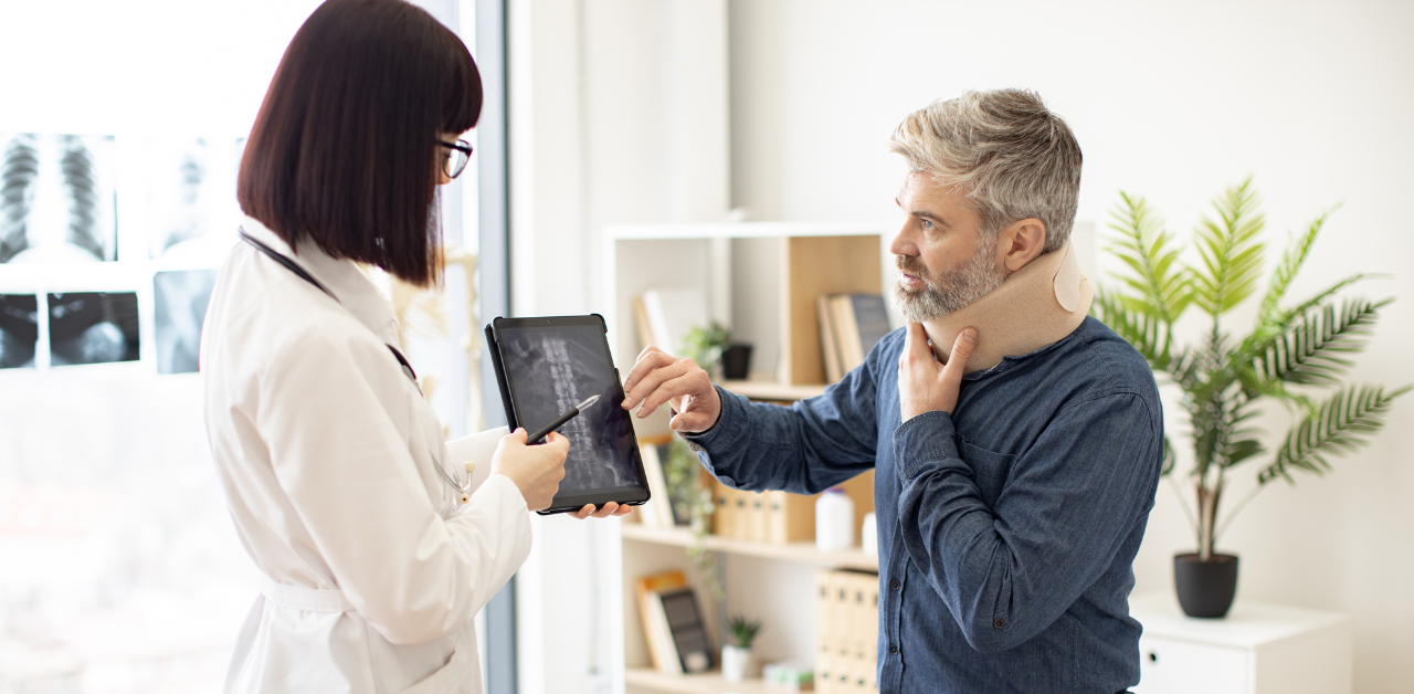 Doctor showing an X-ray on a tablet to a man wearing a neck brace in a medical office