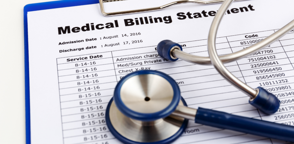 Medical billing statement on a clipboard with a stethoscope resting on top
