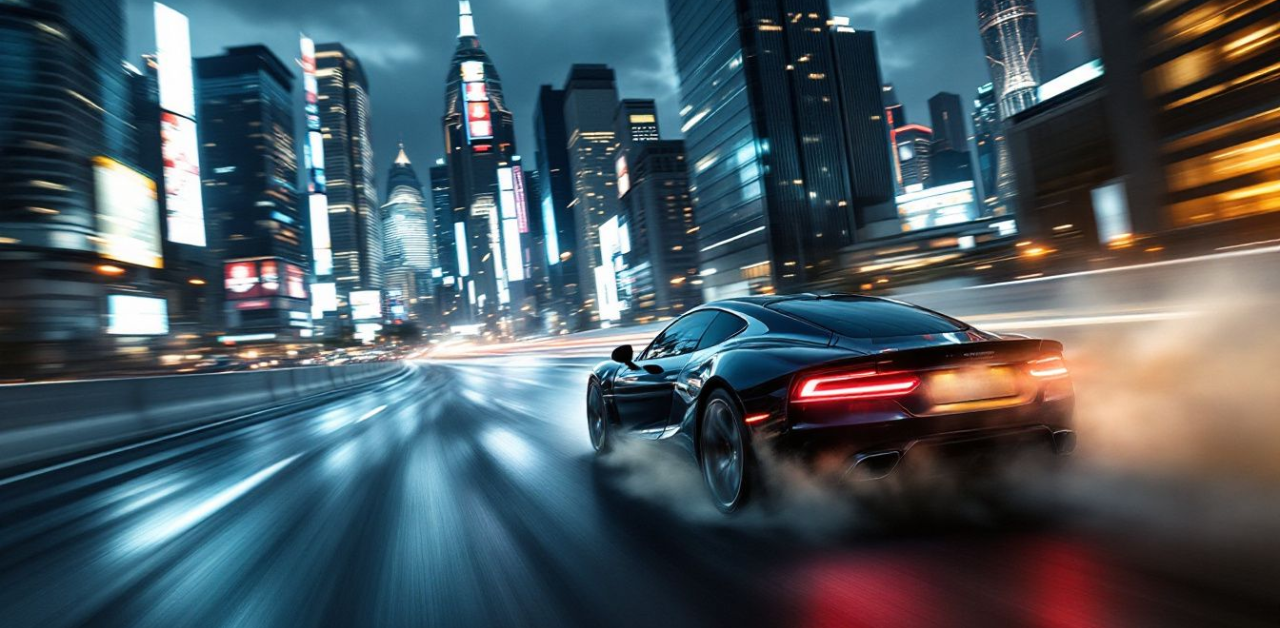 Sleek black sports car speeds through a futuristic city at night, leaving a trail of motion blur and tire smoke