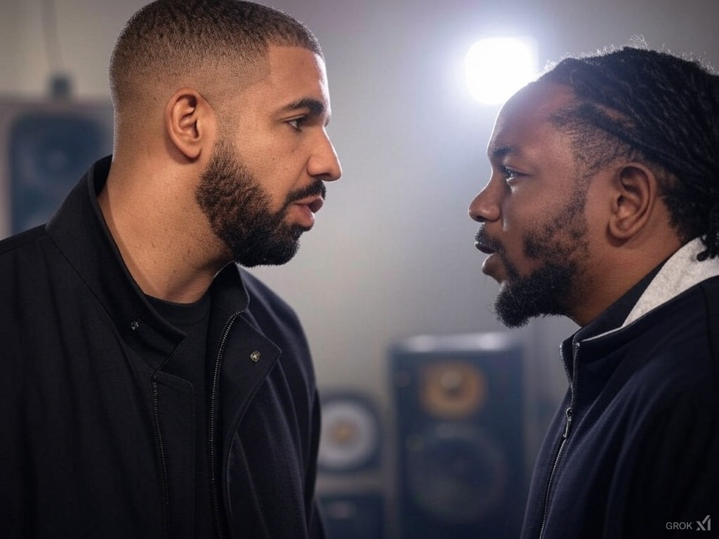 Kendrick Lamar and Drake stand face-to-face in a studio setting, engaged in an intense, focused conversation. Speakers and soft lighting are visible in the background