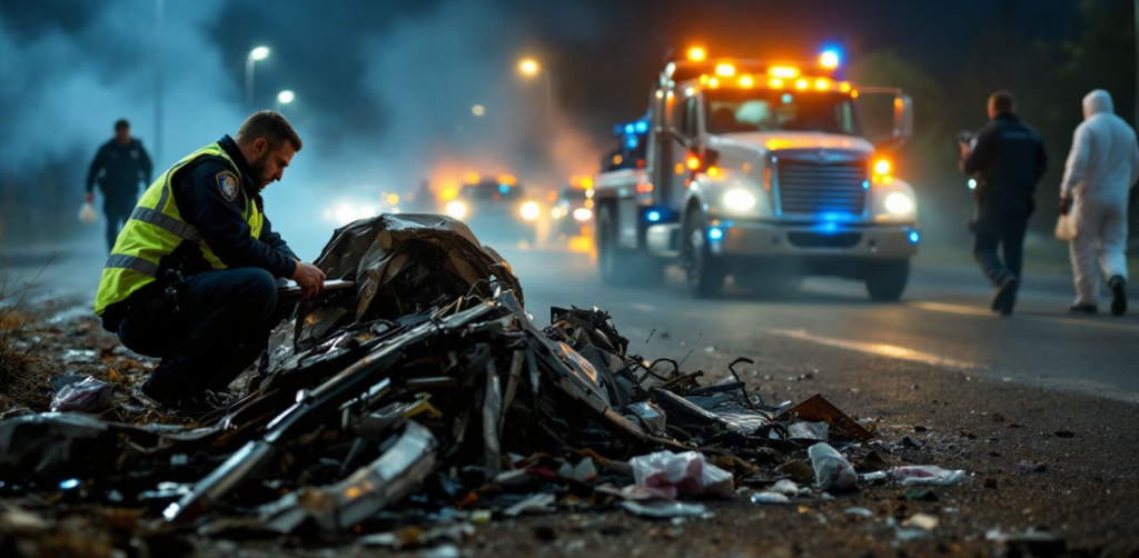 Officer inspects crash debris at night as emergency vehicles with flashing lights surround the scene