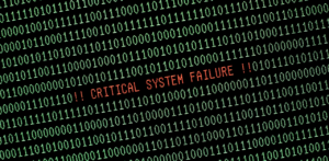 Red “CRITICAL SYSTEM FAILURE” warning over binary code, symbolizing a major data breach or system crash