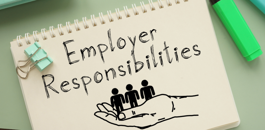 Spiral notebook with “Employer Responsibilities” written in bold, with an illustration of a hand holding people icons