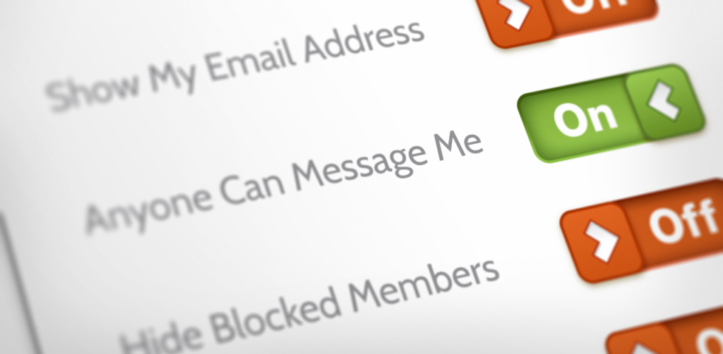 Website privacy settings screen showing “Anyone Can Message Me” option switched to “On”
