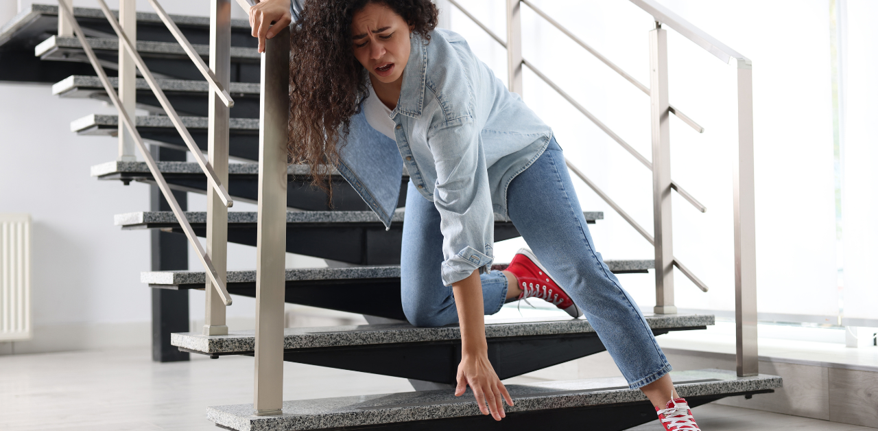 Woman in red sneakers falling on stairs, reaching out and grimacing in pain after a stair accident