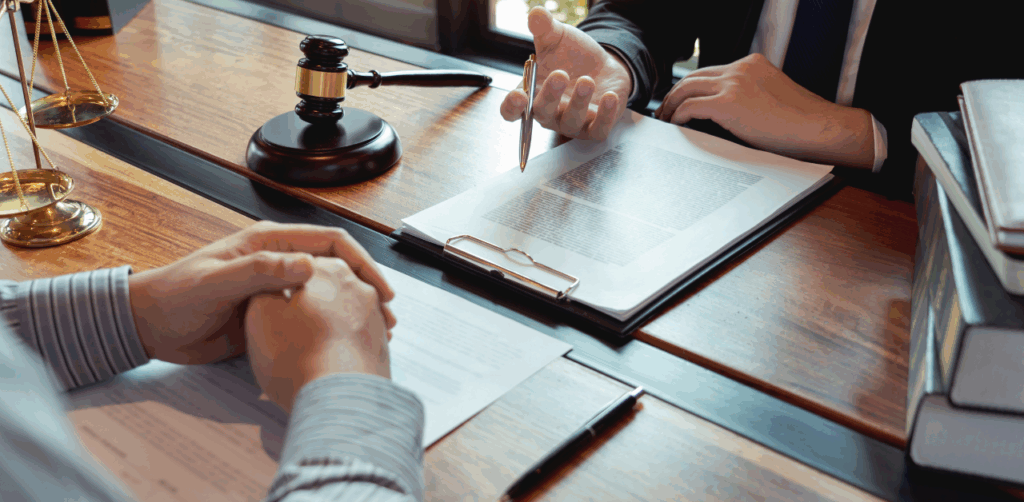 Two individuals sit across a wooden desk with legal documents, a gavel, and scales of justice visible, suggesting a consultation with a personal injury attorney