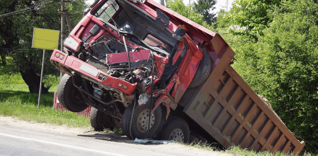 Crashed red dump truck with severe front-end damage tilted off-road near trees and power lines