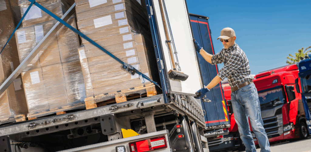 Truck driver unloading palletized boxes from a trailer at a distribution center on a clear, sunny day