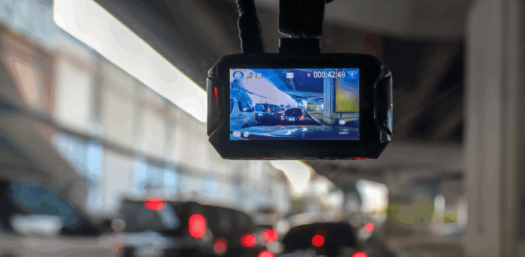 A dashboard camera records traffic congestion under an overpass, capturing footage that could be used by a truck accident lawyer as evidence in a case