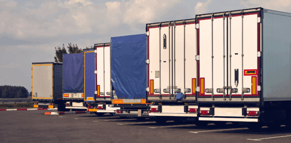 Row of parked semi-truck trailers in a lot under a partly cloudy sky