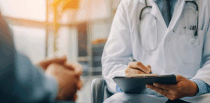 Doctor in white coat writing notes during patient consultation