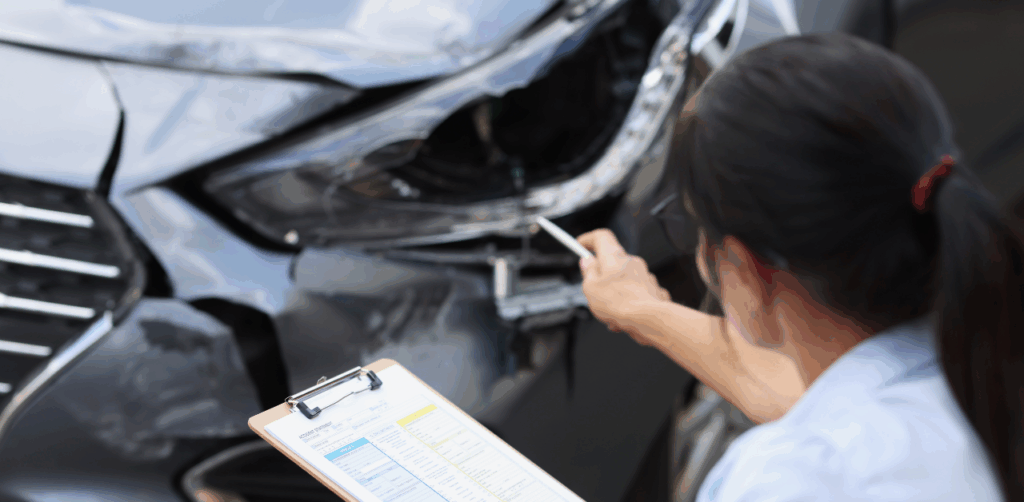 Insurance adjuster inspects a damaged car and takes notes on a clipboard