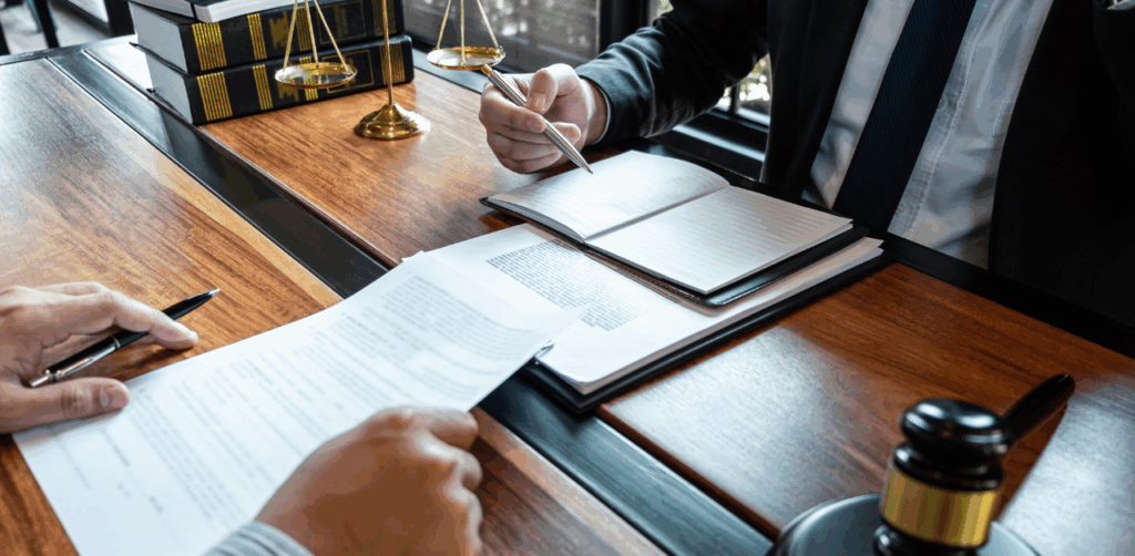 Lawyer discusses legal documents with client at a desk, with gavel and scales in view