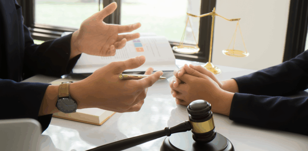 Lawyer explains legal options to a client at a desk with a gavel and scales of justice