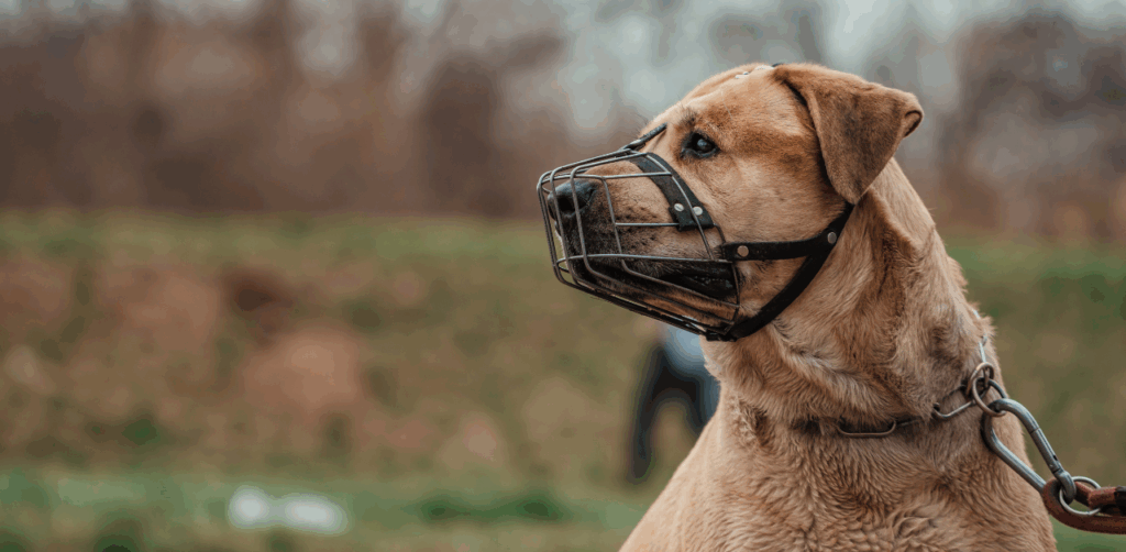 Large dog wearing a safety muzzle outdoors on a leash