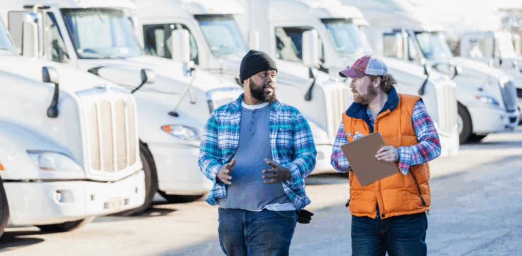 Two men discuss logistics in front of a row of white semi-trucks
