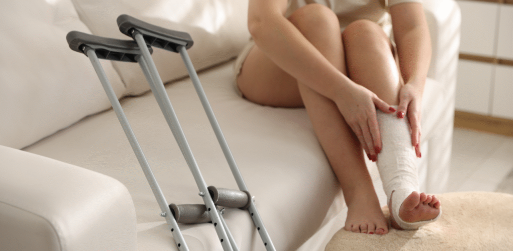 Woman with leg in cast sitting on couch beside crutches, highlighting injury recovery after accident