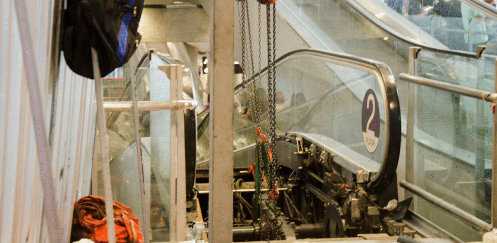 Exposed escalator machinery showing repair work, relevant to Casino Escalator Accident Claims and safety hazards
