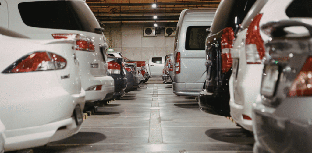 Rows of parked cars in an indoor garage, showing vehicle storage and casino parking facility