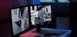 Security surveillance monitors displaying multiple CCTV camera feeds on a desk in a dimly lit control room