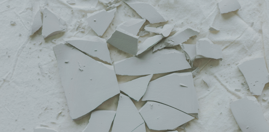 Broken pieces of white plaster or drywall scattered across a covered floor surface during renovation or damage cleanup