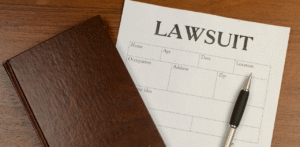 Lawsuit form with a pen and legal book on a wooden desk