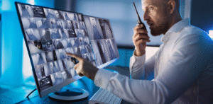 Security professional reviews surveillance cameras and communicates by radio