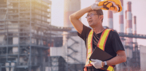 A construction worker wearing a high-visibility vest and gloves holds a tablet and adjusts his orange hard hat at an industrial construction site