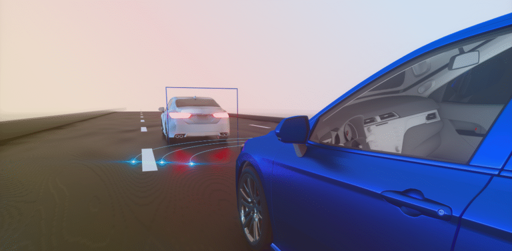Illustration of a blue car using driver-assistance sensors to detect lane markings and a vehicle traveling ahead on the road