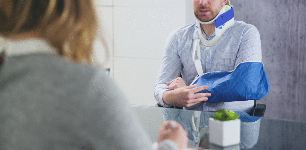 Person wearing a neck brace and arm sling discusses injuries with a professional during an office consultation