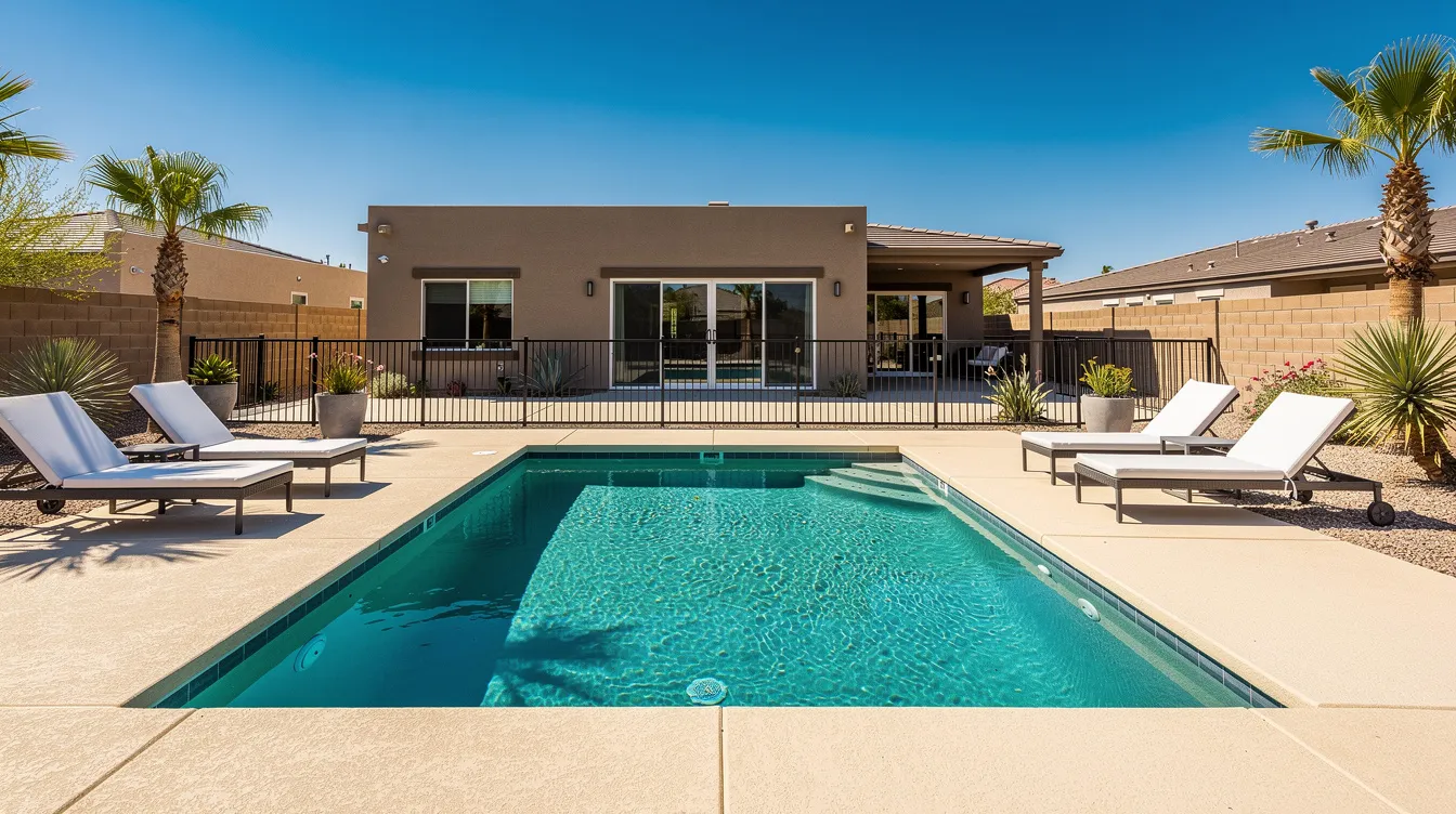 A clear backyard swimming pool is surrounded by lounge chairs, palm trees, and desert landscaping