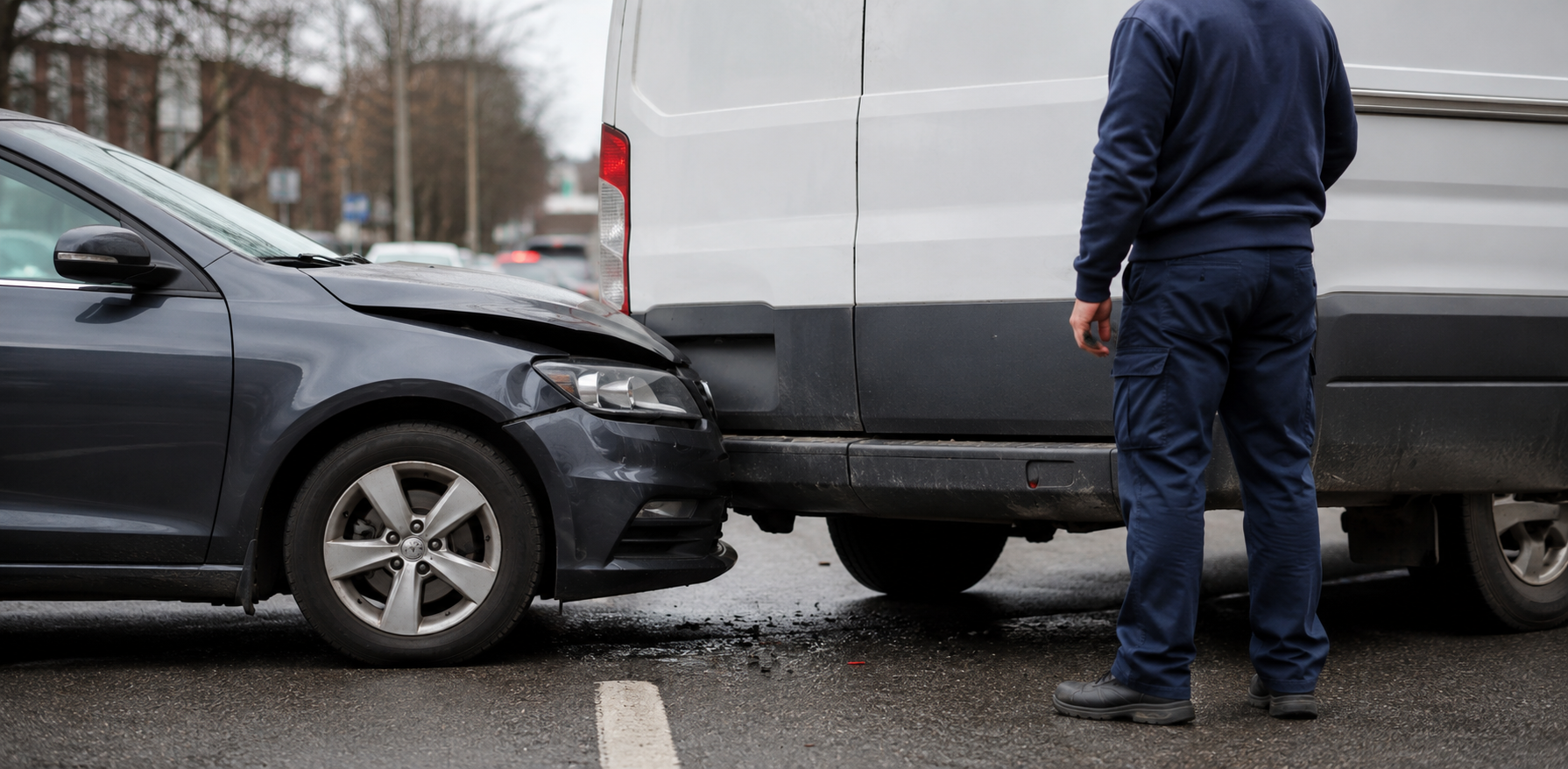A damaged gray car sits against the side of a white cargo van as a worker inspects the collision scene