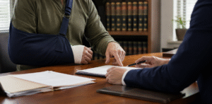 A person with an arm in a sling and a bandaged wrist reviews documents with a professional across an office desk