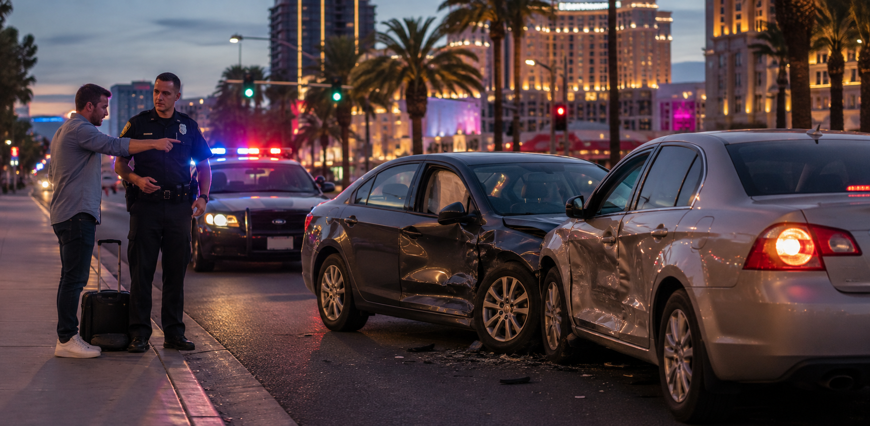 A police officer speaks with a man beside two damaged cars after a collision on a city street at dusk