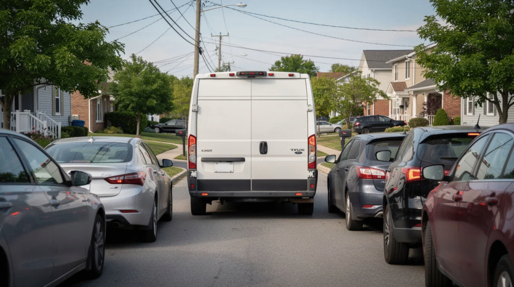 A white cargo van drives along a residential street lined with parked cars, houses, trees, and utility poles