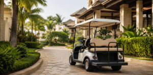A white golf cart is parked on a paved drive surrounded by palm trees and landscaped resort buildings