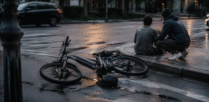 Bicycle and helmet lie on a wet city street while one person sits on the curb and another crouches beside them