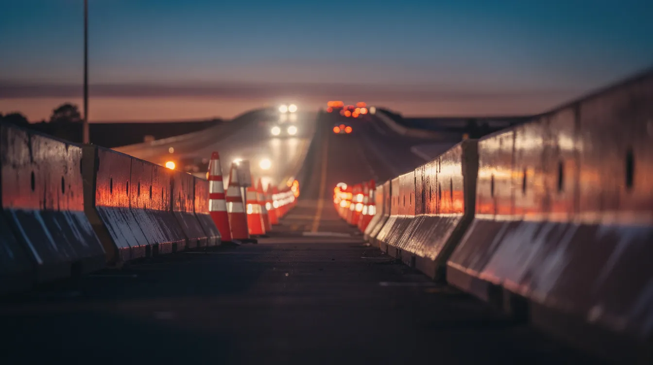 Concrete barriers and orange traffic cones narrow a roadway at dusk as vehicles approach in the distance