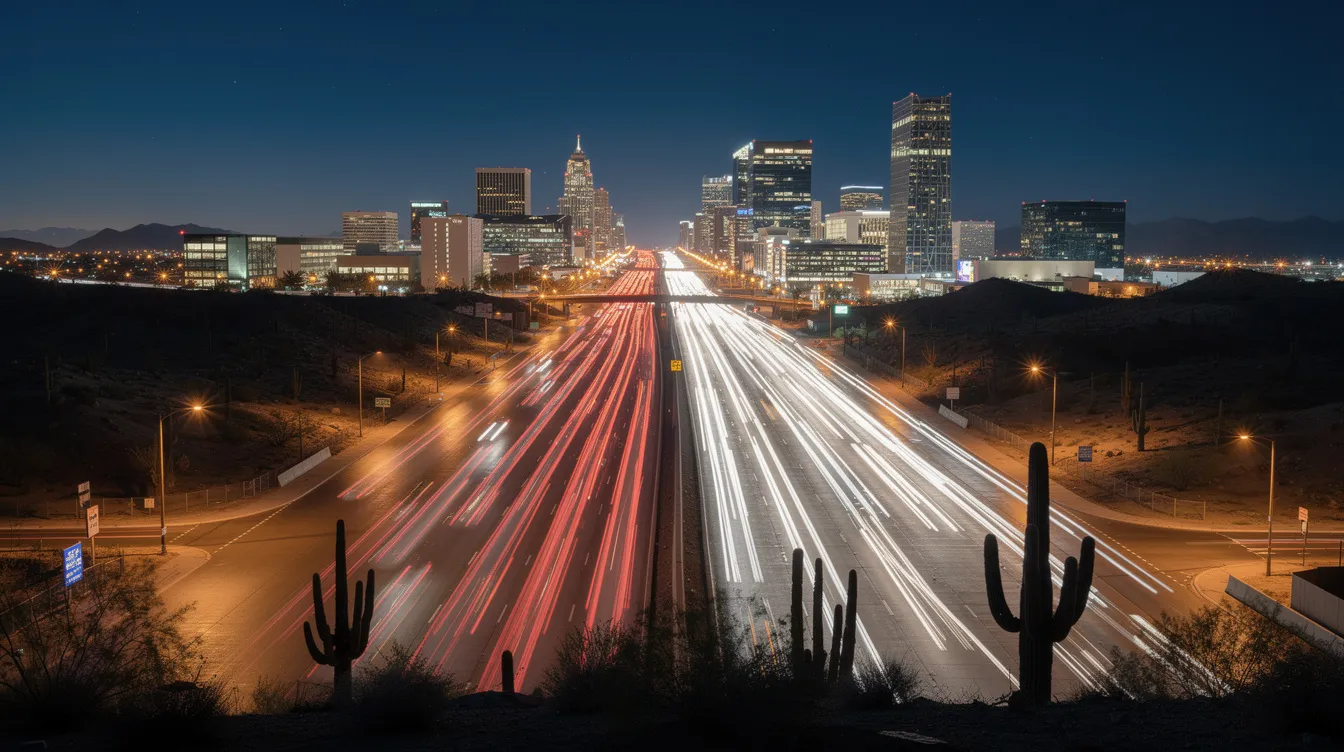Long-exposure view of freeway traffic streaming toward a brightly lit city skyline at night, with desert cacti in the foreground