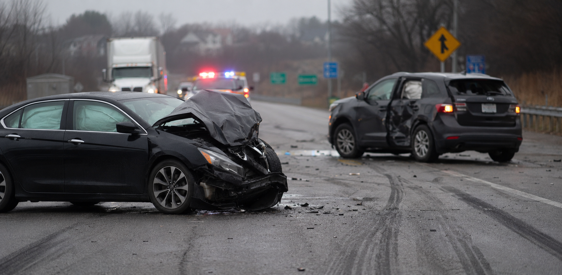 The aftermath of a major traffic collision shows two wrecked vehicles, skid marks, roadway debris, deployed airbags, and approaching emergency responders