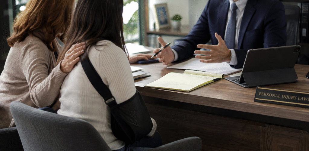 Two women consult with a personal injury attorney, including one with her arm supported in a black sling