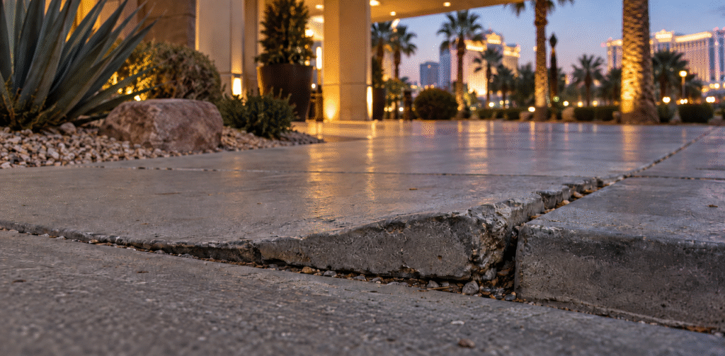 Close view of cracked and displaced concrete slabs forming an uneven edge on a pedestrian walkway