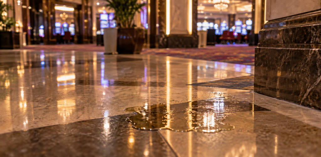 Low-angle view of an unattended liquid spill on a polished lobby floor, with illuminated gaming machines blurred in the background